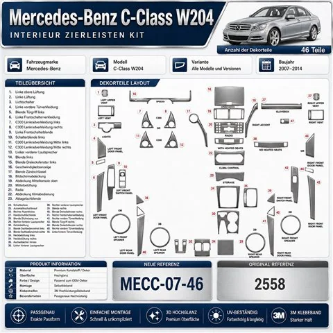 Mercedes C-Class W204 2007-2014 kit décor tableau de bord 3D, 46 pièces 2