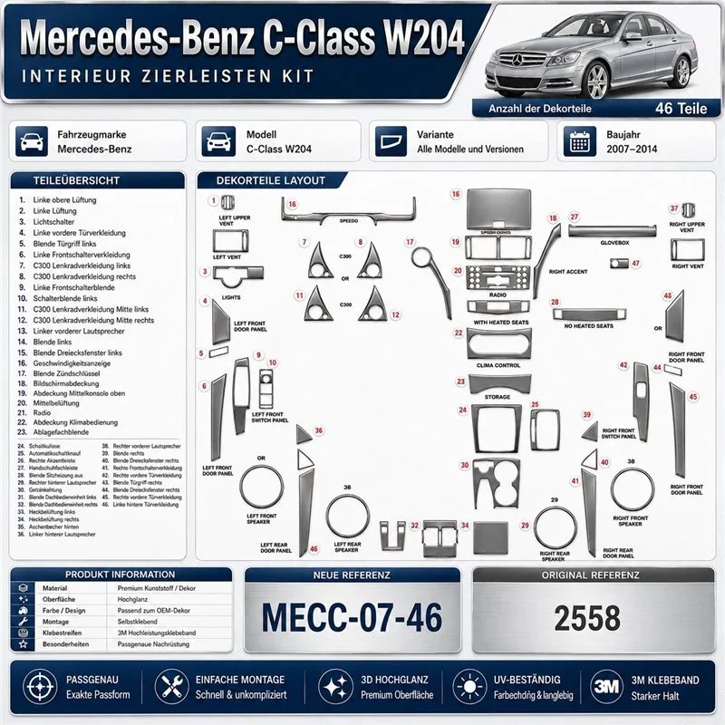 Mercedes C-Class W204 2007-2014 3D kit décoration intérieure tableau de bord 46 pièces