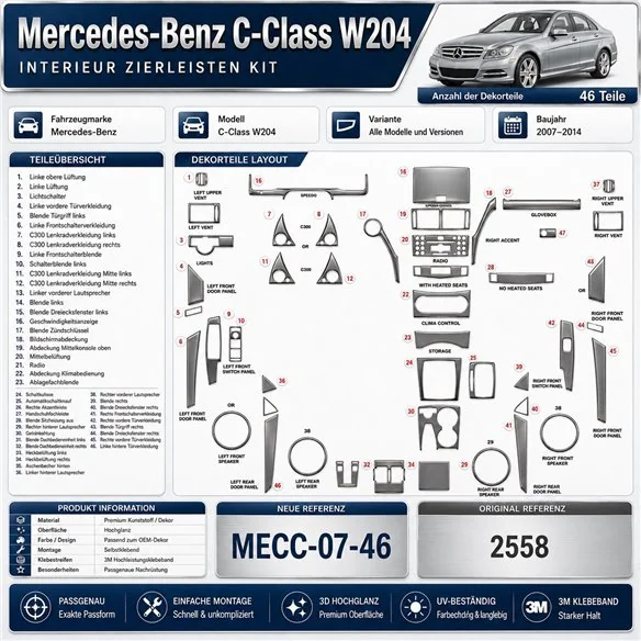 Mercedes-Benz C-Class W204 2007-2014 kit rivestimento cruscotto e interni 3D 46 pezzi