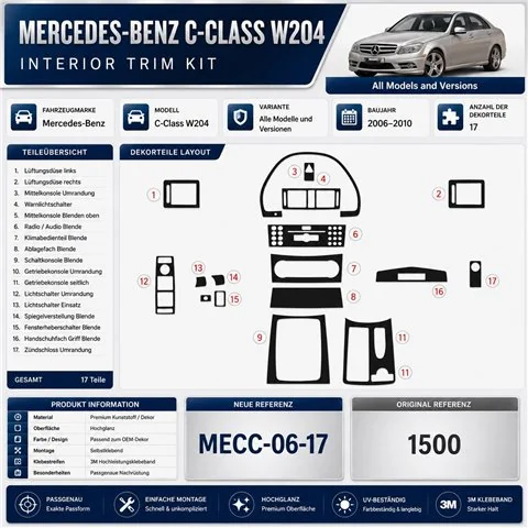 Mercedes C-Class W204 2006+ kit décor tableau de bord 3D, 17 pièces 2