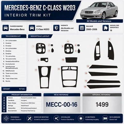 Mercedes C-Class W203 2000-2006 3D dashboard sierlijstset, 16 delen 2