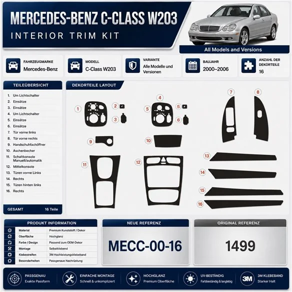 Mercedes-Benz C-Class W203 2000-2006 3D Cockpit Dekor Interieurleisten Set 16-teilig