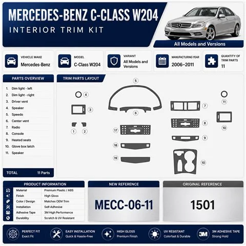 Mercedes C-Class W204 2006-2011 3D dashboard trim kit, 11 parts 2