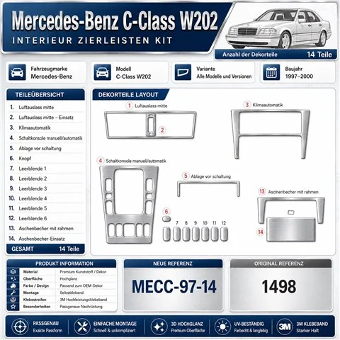 Mercedes C-Class W202 1997-2000 kit décor tableau de bord 3D, 14 pièces 2