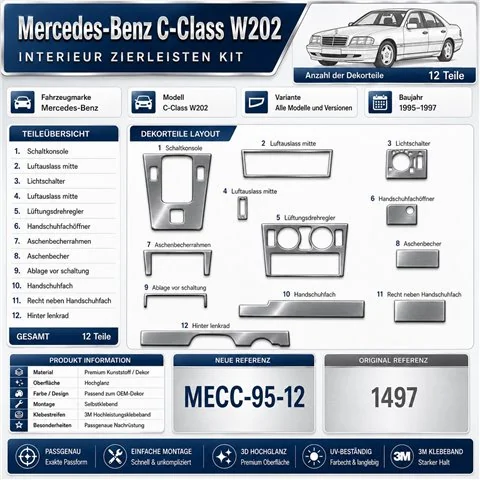 Mercedes C-Class W202 1995-1997 3D Armaturenbrett-Dekor-Set, 12 Teile 2