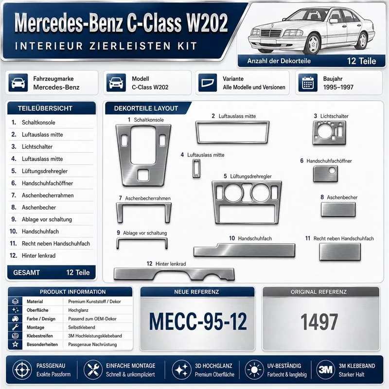 Mercedes C-Class W202 1995-1997 3D Interior Dashboard Trim Kit Dash Trim Dekor 12-Parts