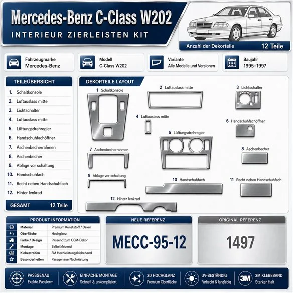 Mercedes C-Class W202 1995-1997 3D Interior Dashboard Trim Kit Dash Trim Dekor 12-Parts