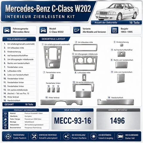 Mercedes C-Class W202 1993-1995 kit décor tableau de bord 3D, 16 pièces 2