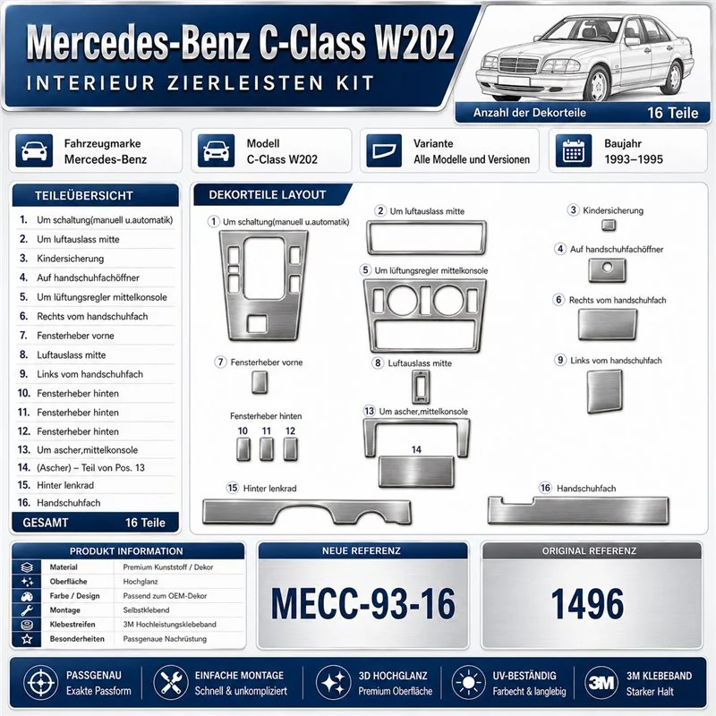 Mercedes C-Class W202 1993-1995 3D Interior Dashboard Trim Kit Dash Trim Dekor 16-Parts