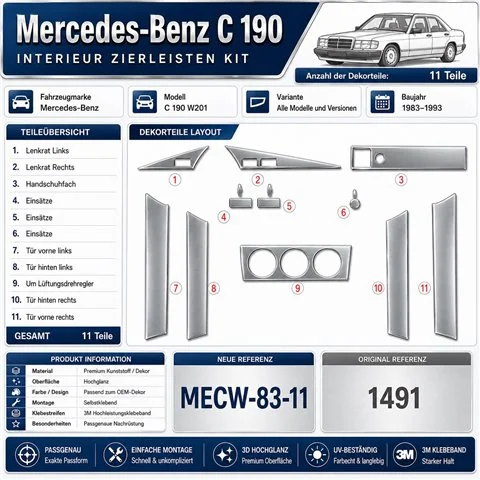 Mercedes C 190 W201 1983-1993 3D dashboard sierlijstset, 11 delen 2