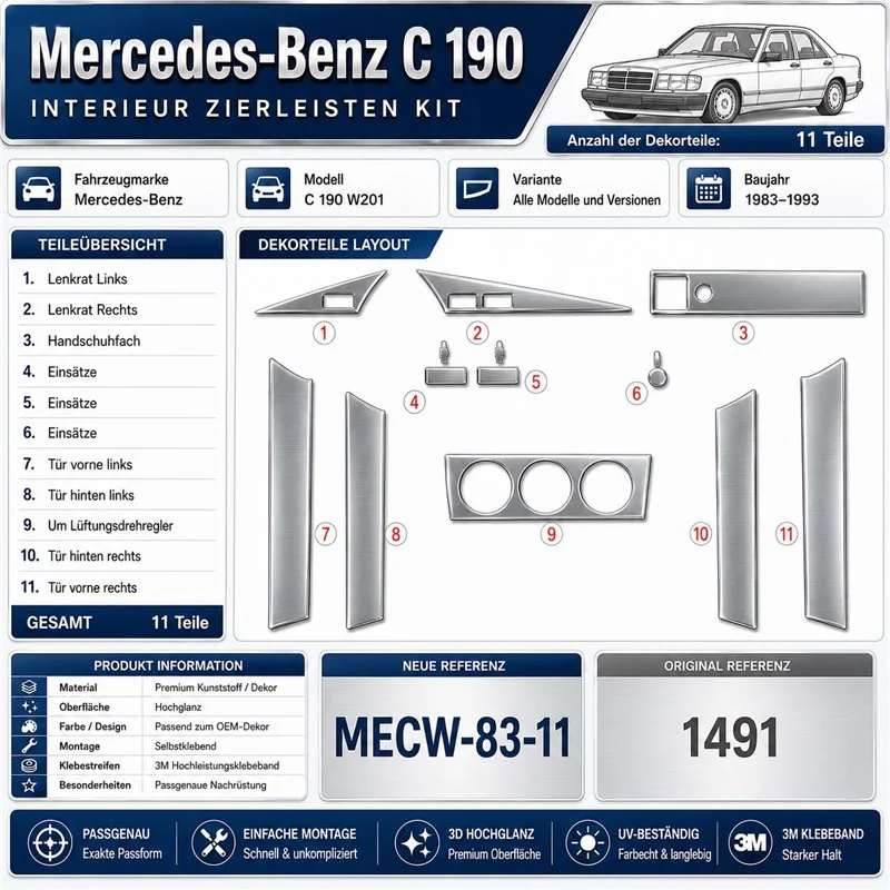 Mercedes-Benz C 190 W201 1983-1993 3D Cockpit Dekor Interieurleisten Set 11-teilig