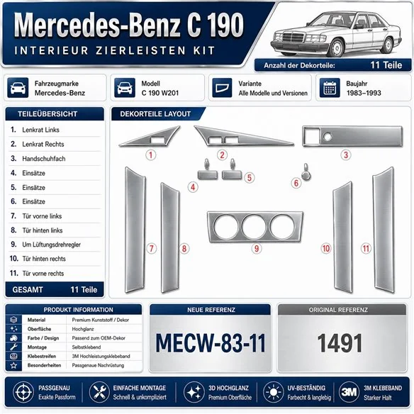 Mercedes C 190 W201 1983-1993 kit 3D de molduras interiores para salpicadero 11 piezas