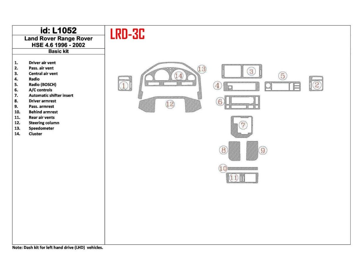 Land Rover Range Rover 1996-2002 46 HSE 2001-2002 Ensemble Complet, OEM Compliance, 14 Parts set BD Décoration de tableau de bor