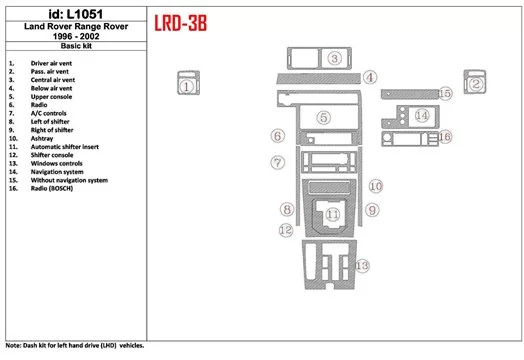 Land Rover Range Rover 1996-2002 Basic Set, OEM Compliance, 16 Parts set Interior BD Dash Trim Kit