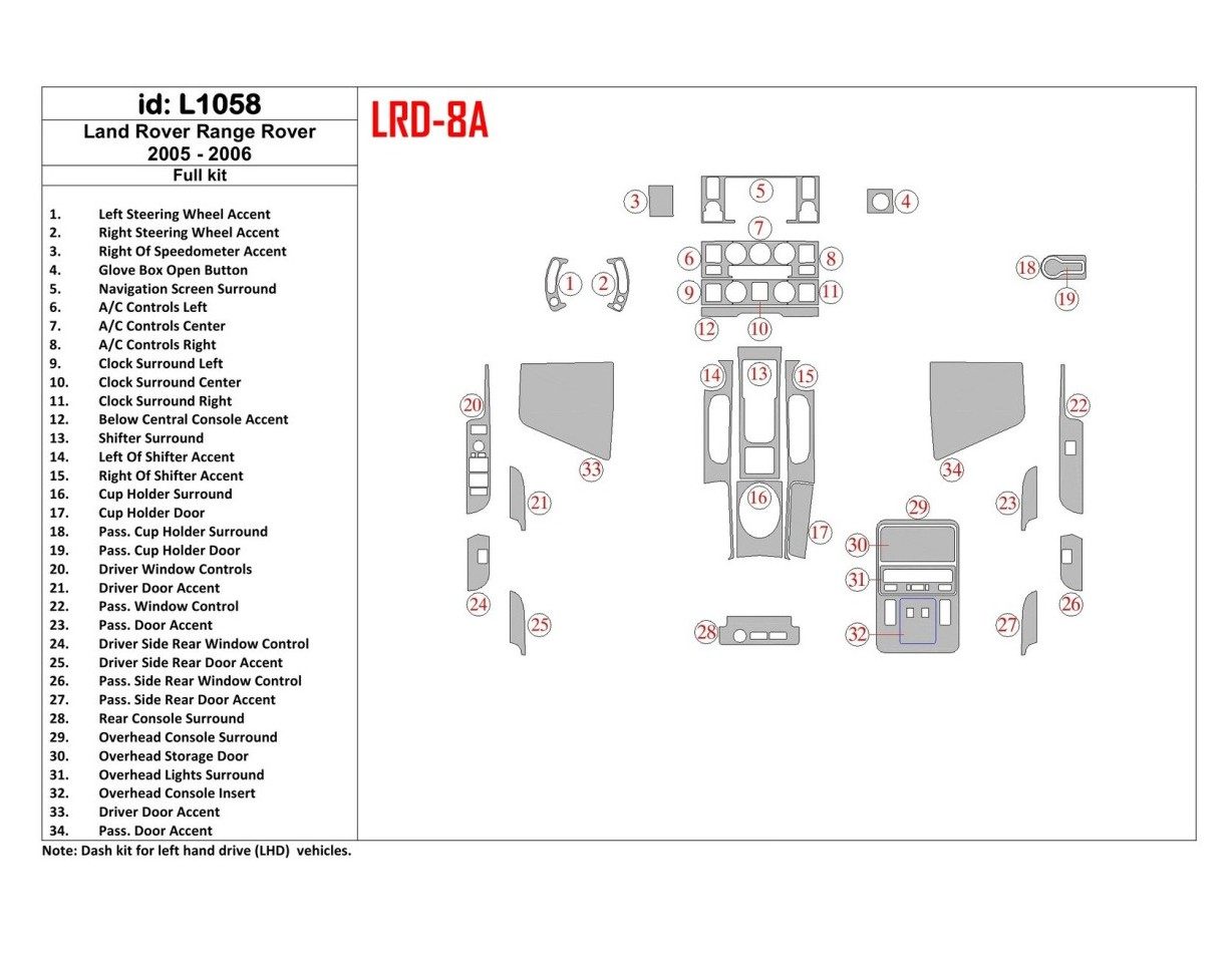 Land Rover Range Rover 2005-2006 Ensemble Complet BD Kit la décoration du tableau de bord - 1 - habillage decor de tableau de bo
