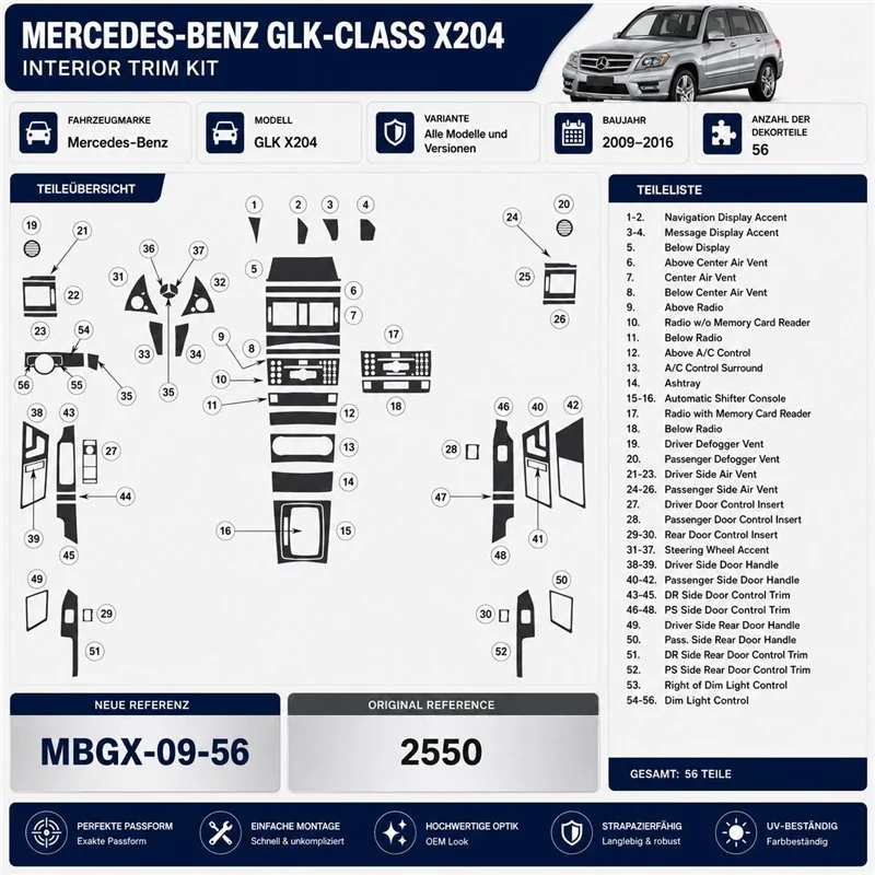 Mercedes-Benz GLK X204 2009-2016 3D Interior Dashboard Trim Kit Dash Trim Dekor 56-Parts