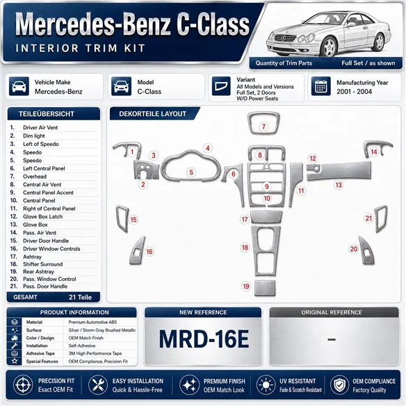 Mercedes Benz C Class 2001-2004 Full Set, 2 Doors, OEM Compliance, W/O Power Seats Interior Dashboard Trim Kit Dash Trim Dekor