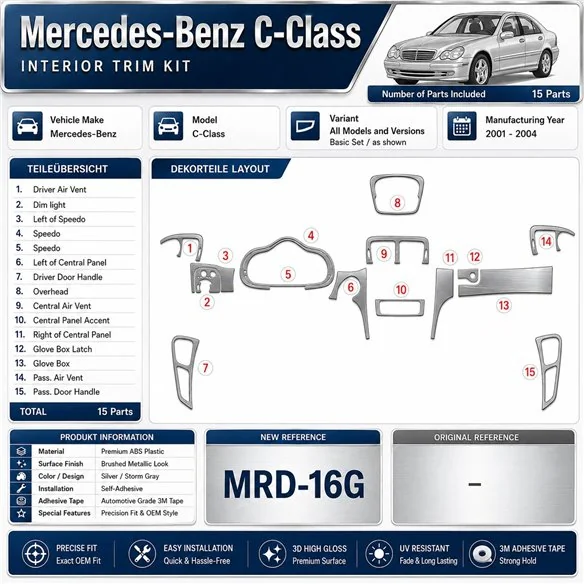 Mercedes Benz C Class 2001-2004 Basic Set, 2 Doors, OEM Compliance, With Power Seats Interior Dashboard Trim Kit Dash Trim Dekor