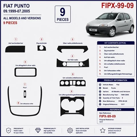 Fiat Punto 1999-2005 kit salpicadero 3D, 9 piezas 2