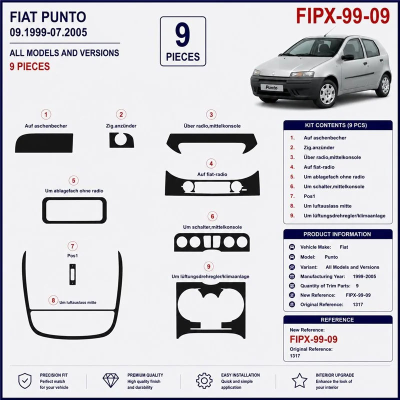 Fiat Punto 1999-2005 kit décor tableau de bord 3D, 9 pièces