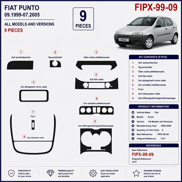 Fiat Punto 1999-2005 3D Armaturenbrett-Dekor-Set, 9 Teile