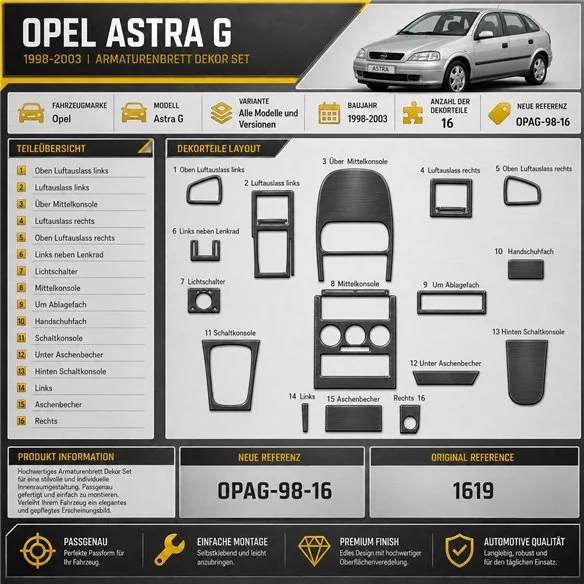 Opel Astra G 1998-2003 3D interieur dashboard decoratieset dashboard decor 16-delen