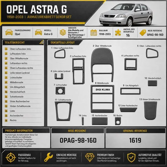 Opel Astra G 1998-2003 DIGI kit 3D de molduras interiores para salpicadero 16 piezas