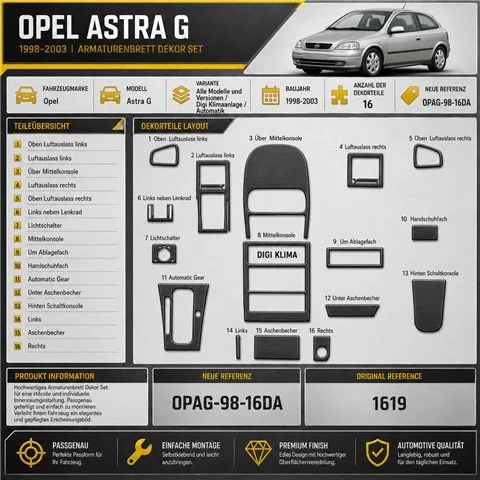 Opel Astra G 1998-2003 DIGI AUT kit 3D de molduras interiores para salpicadero 16 piezas