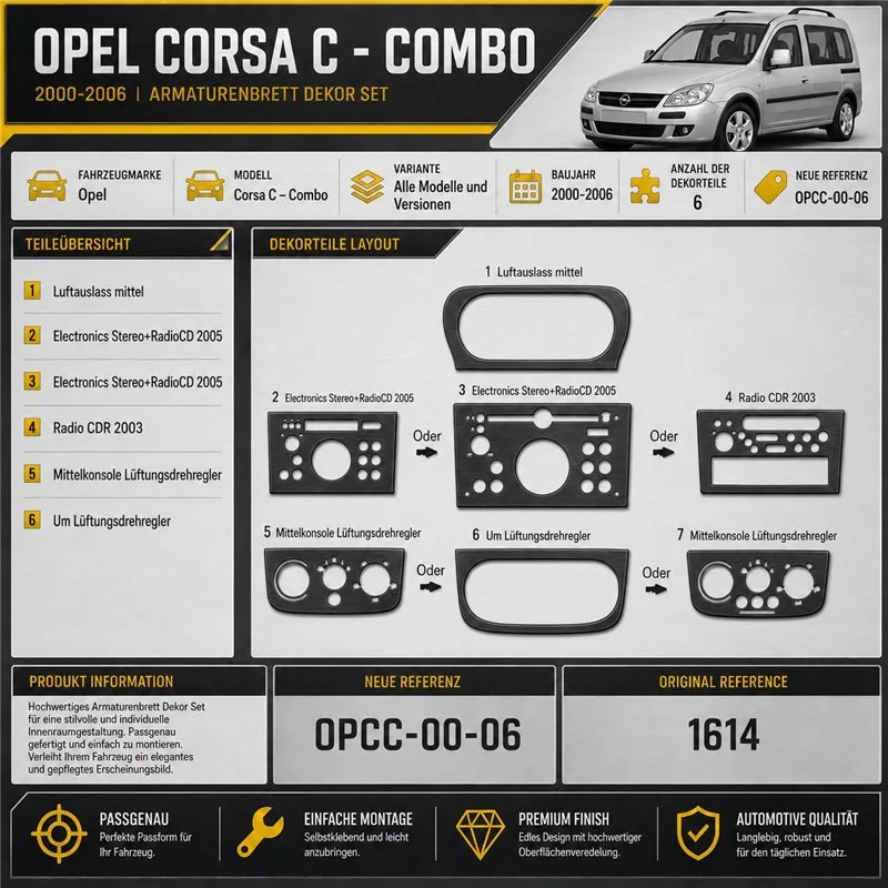 Opel Corsa C – Combo 2000-2006 kit 3D de molduras interiores para salpicadero 6 piezas