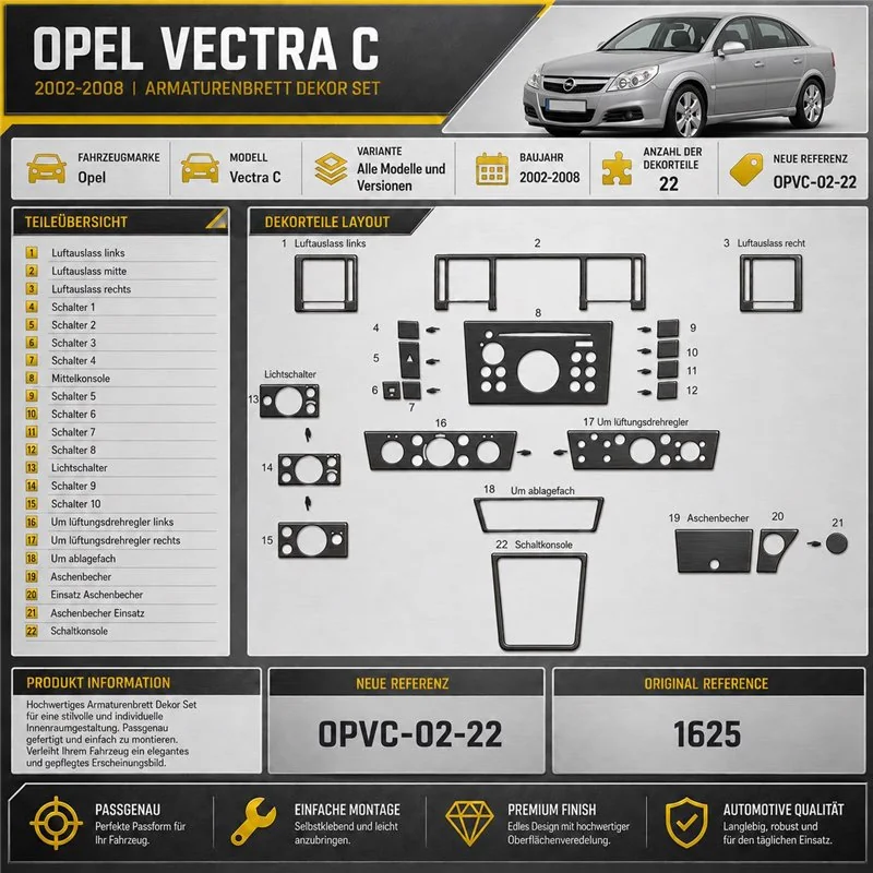 Opel Vectra C 2002-2008 kit 3D de molduras interiores para salpicadero 22 piezas
