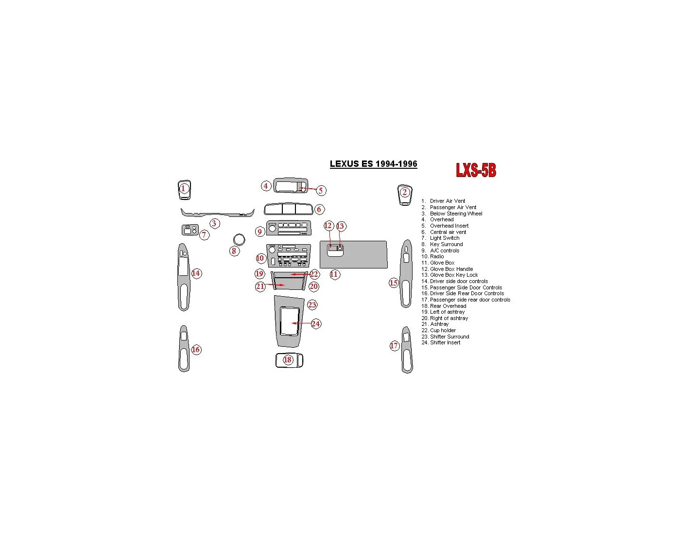 Lexus ES 1994-1996 Full Set, OEM Compliance Interior BD Dash Trim Kit