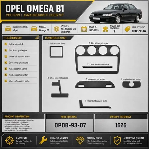 Opel Omega B1 1993-1999 kit 3D de molduras interiores para salpicadero 7 piezas