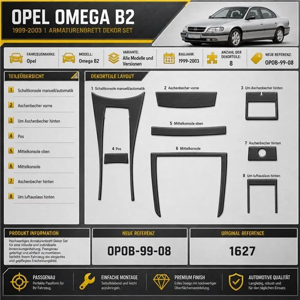 Opel Omega B2 1999-2003 kit 3D de molduras interiores para salpicadero 8 piezas