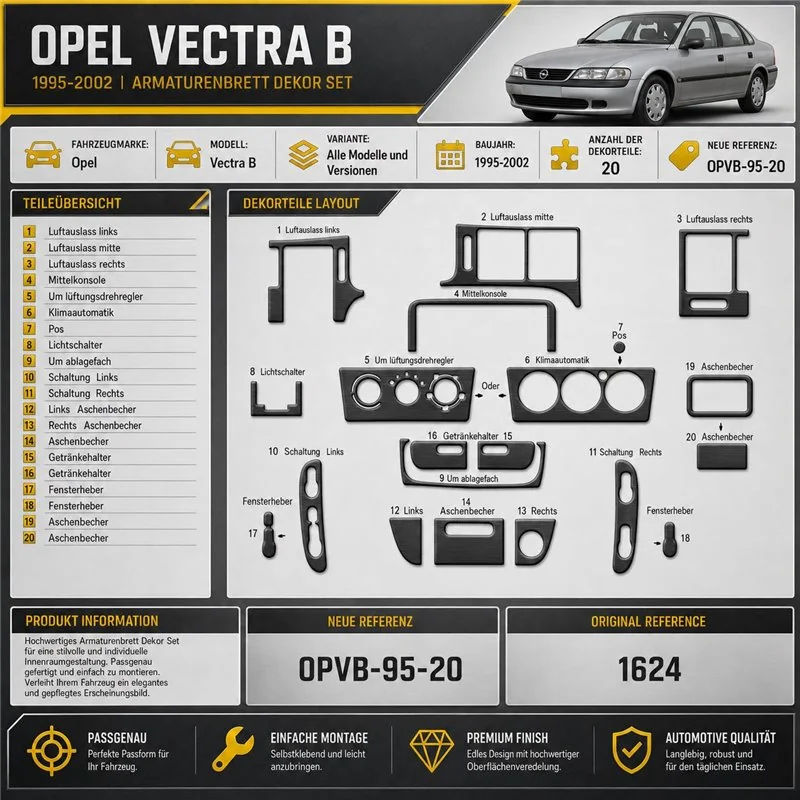 Opel Vectra B 1995-2002 3D interieur dashboard decoratieset dashboard decor 20-delen