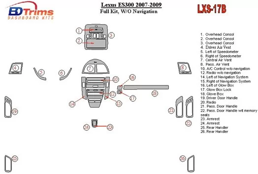 Lexus ES 2007-UP Full Set, Without NAVI Interior BD Dash Trim Kit