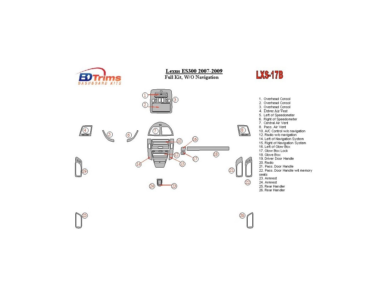 Lexus ES 2007-UP Full Set, Without NAVI BD Interieur Dashboard Bekleding Volhouder