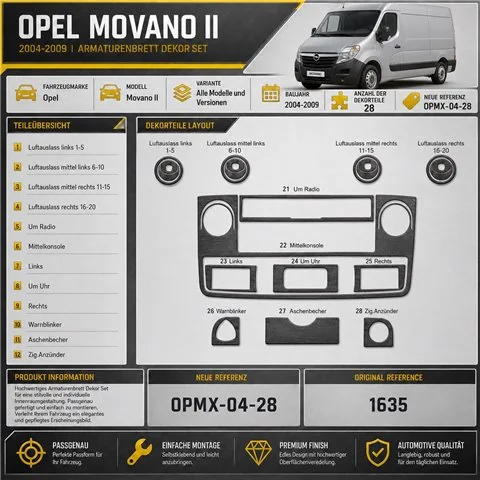 Opel Movano 2004-2009 kit rivestimento cruscotto e interni 3D 28 pezzi
