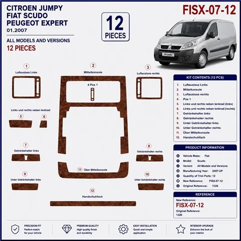 Fiat Scudo 2007+ kit décor tableau de bord 3D, 12 pièces 2