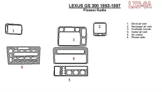 Lexus GS 1993-1997 Pioneer Radio, OEM Compliance, 6 Parts set BD Interieur Dashboard Bekleding Volhouder