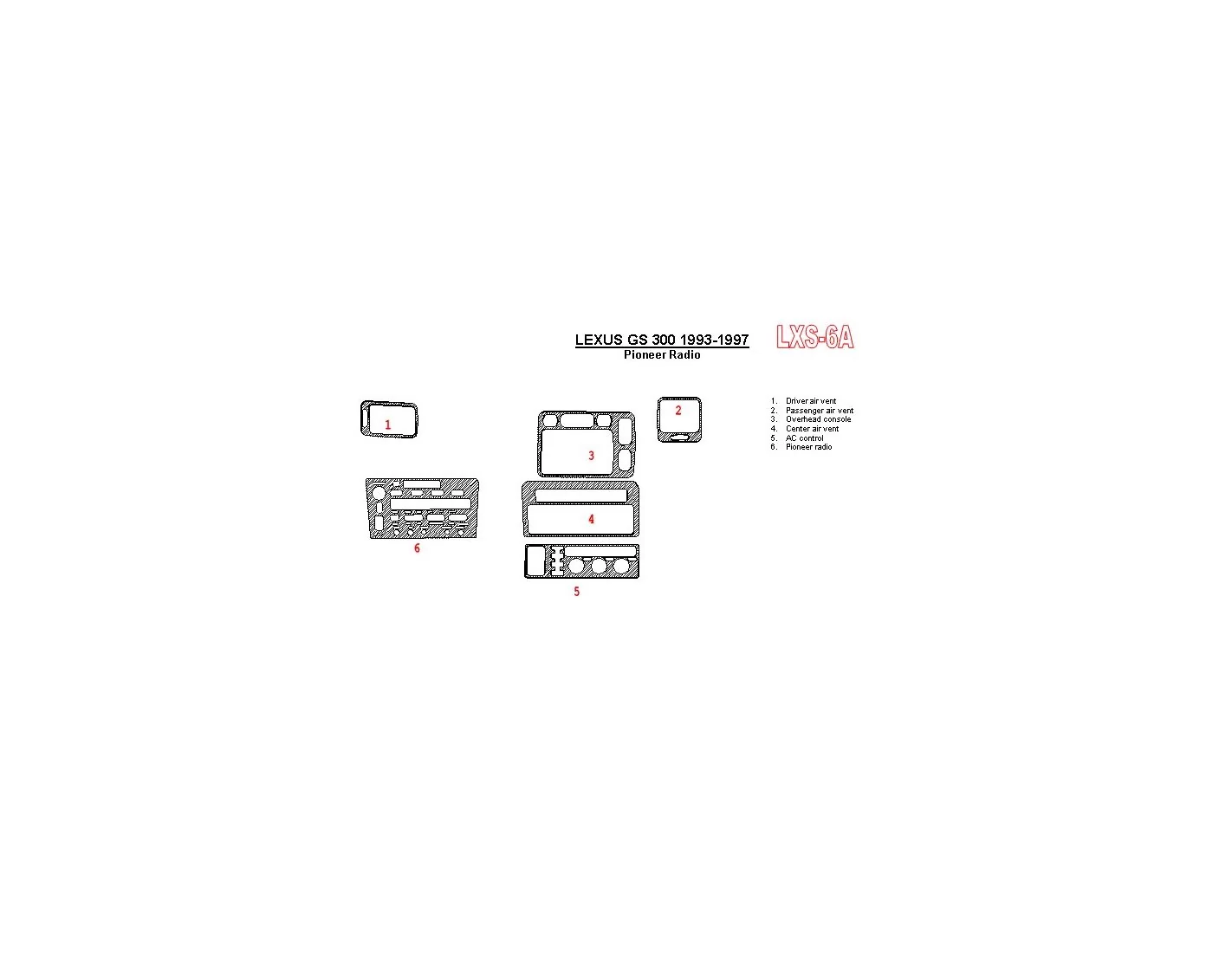 Lexus GS 1993-1997 Pioneer Radio, OEM Compliance, 6 Parts set BD Interieur Dashboard Bekleding Volhouder