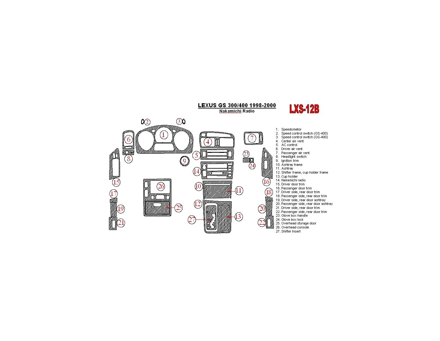 Lexus GS 1998-2000 Nakamichi Radio, OEM Compliance, 26 Parts set Decor de carlinga su interior