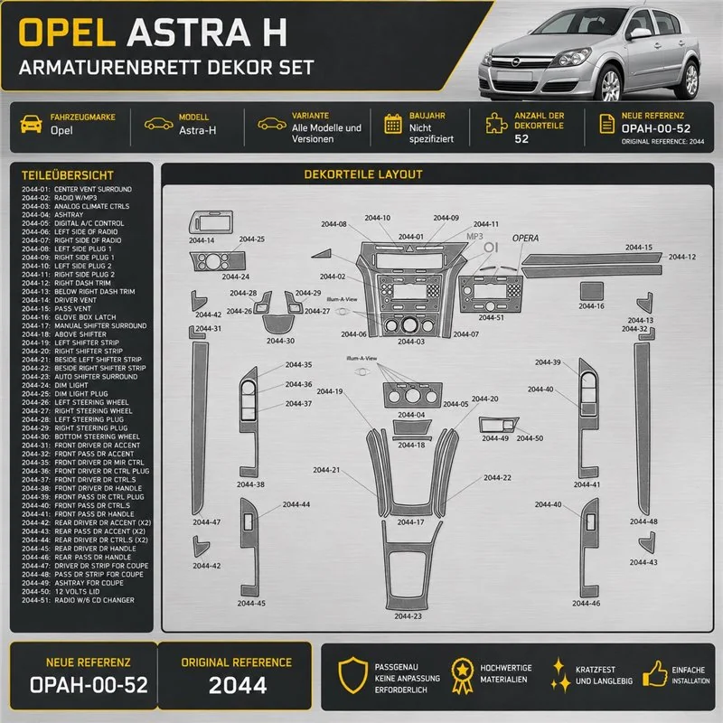Opel Astra-H kit de molduras interiores para salpicadero 52 piezas