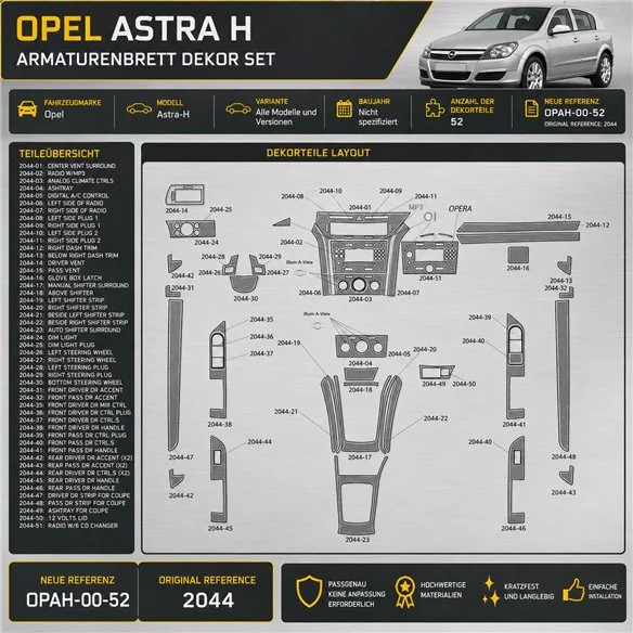 Opel Astra-H interieur dashboard decoratieset dashboard decor 52 delen