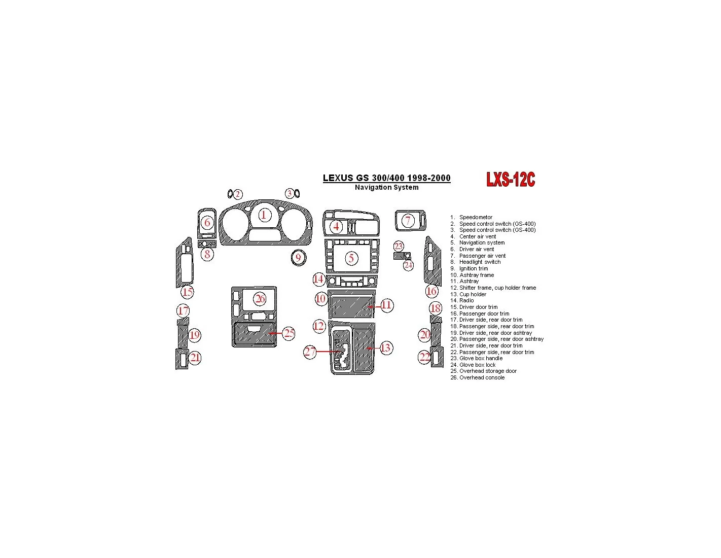 Lexus GS 1998-2000 Navigation system, OEM Compliance, 26 Parts set Cruscotto BD Rivestimenti interni