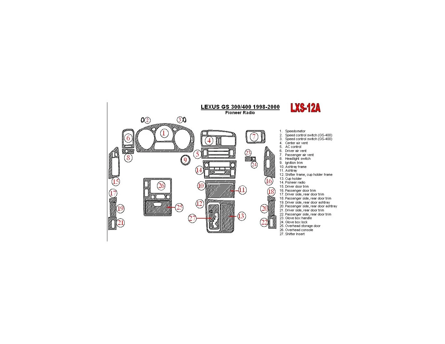 Lexus GS 1998-2000 Pioneer Radio, OEM Compliance,26 Parts set Decor de carlinga su interior