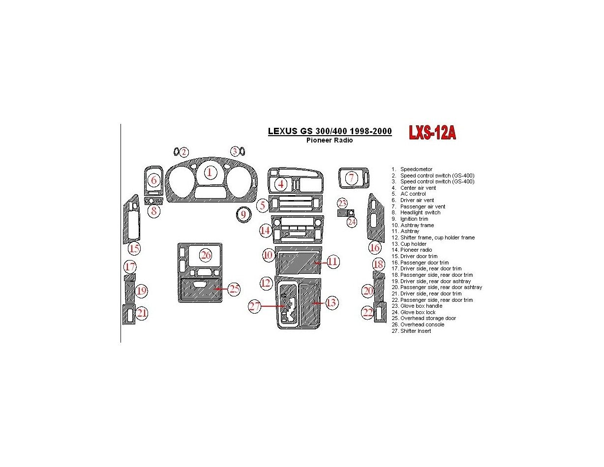Lexus GS 1998-2000 Pioneer Radio, OEM Compliance,26 Parts set Interior BD Dash Trim Kit