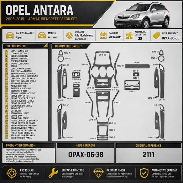 Opel Antara 2006-2015 Interior Dashboard Trim Kit Dash Trim Dekor 38 Parts
