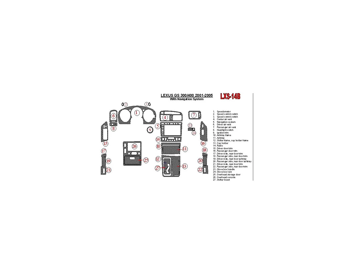 Lexus GS 2001-2005 With NAVI system, OEM Compliance Interior BD Dash Trim Kit