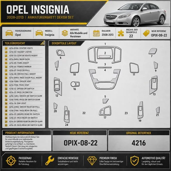 Opel Insignia 2008-2013 kit décoration intérieure tableau de bord 22 pièces