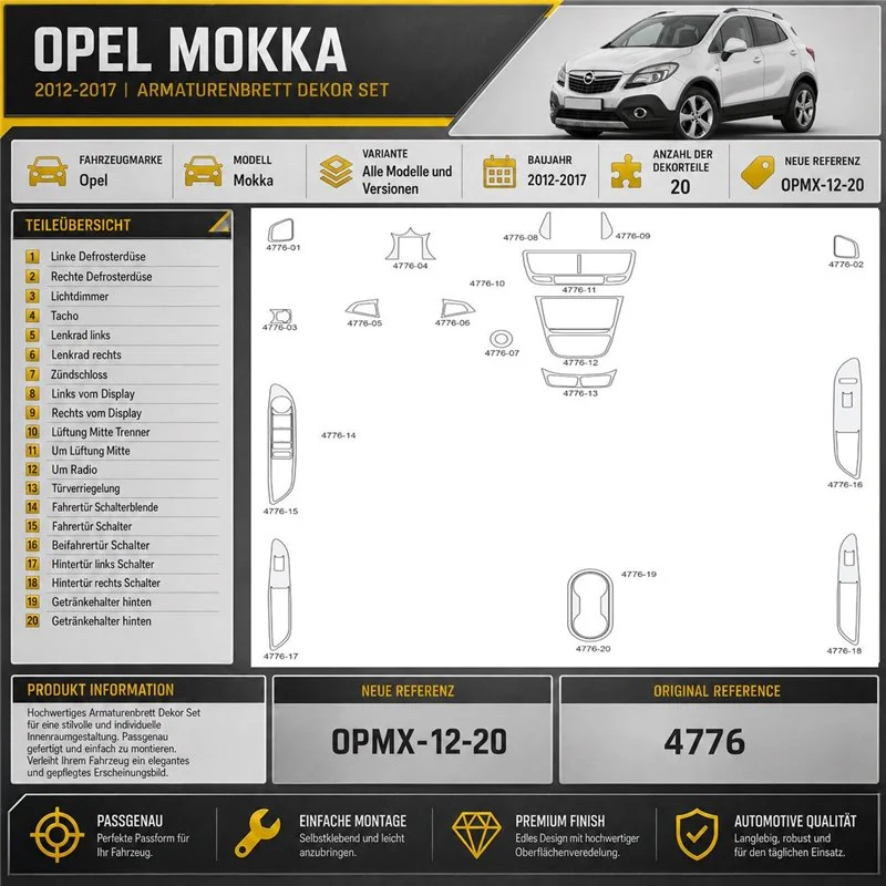 Opel Mokka 2012-2017 kit de molduras interiores para salpicadero 20 piezas